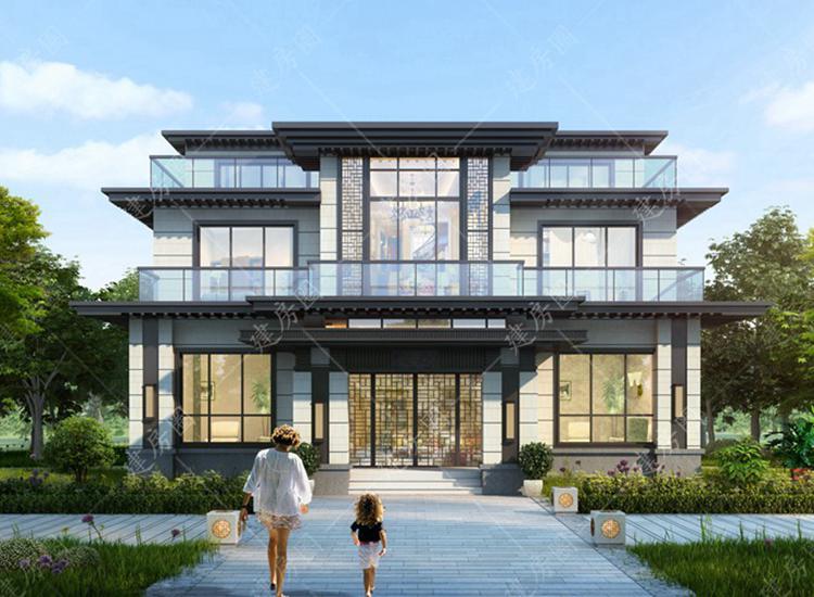 13米x14米兩層現(xiàn)代新中式別墅設(shè)計(jì)圖，平屋頂設(shè)計(jì)帶屋頂露臺(tái)